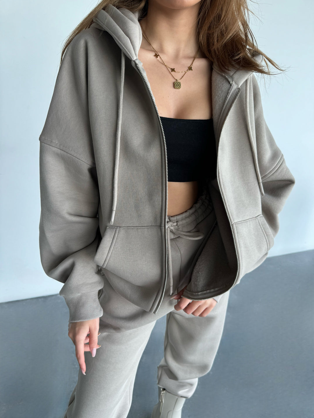 Basic Women Zipper Hoodie - Light Grey