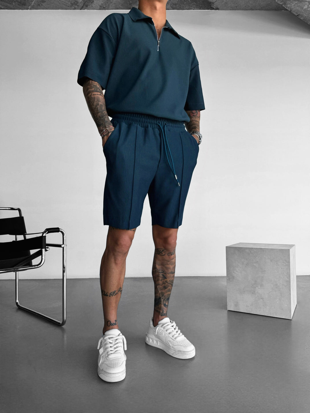 Oversize Textured Zipper Polo T-Shirt - Petrol