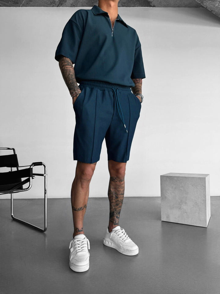 Oversize Textured Zipper Polo T-Shirt - Petrol