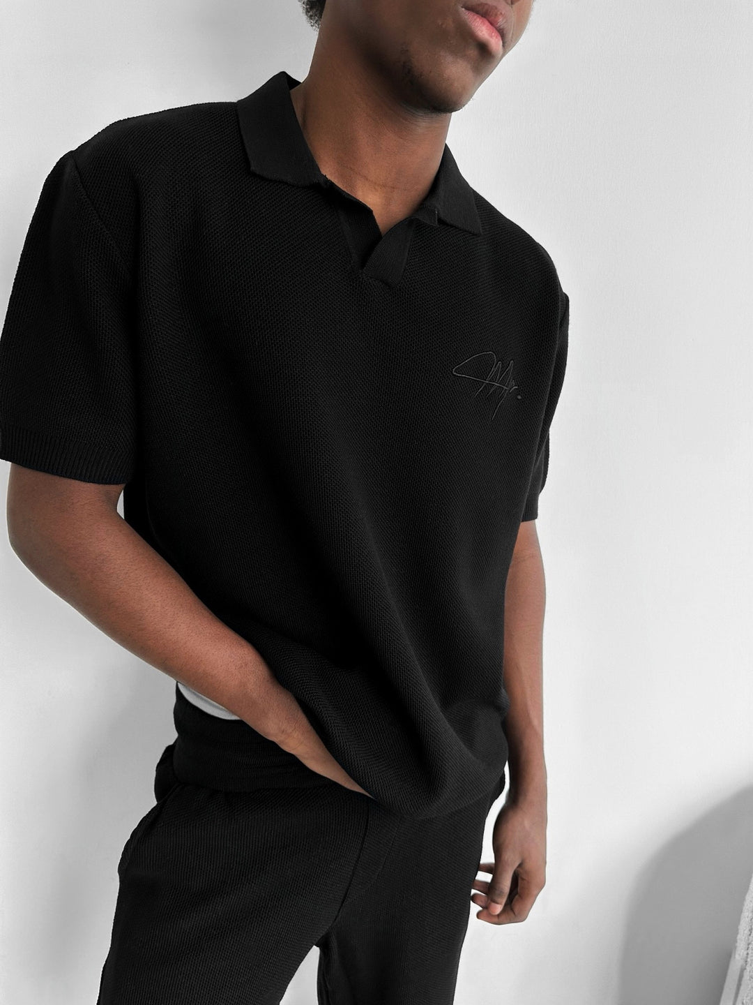 Oversize Initial Knit Polo T-Shirt - Black