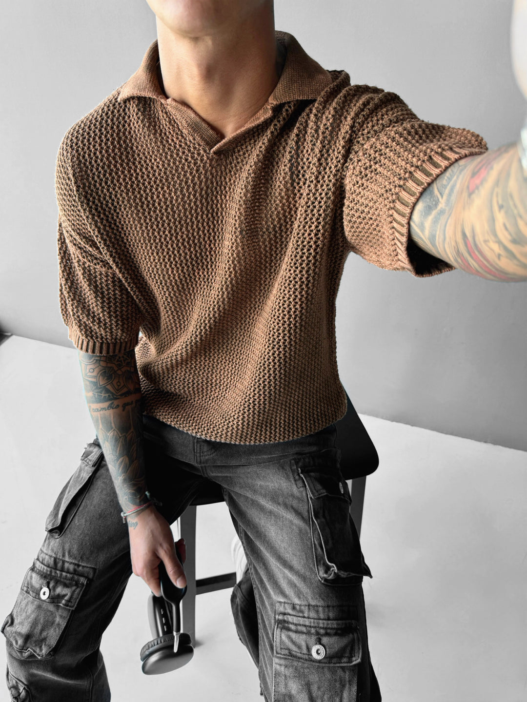 Regular Fit Knit Grid T-shirt - Ochre