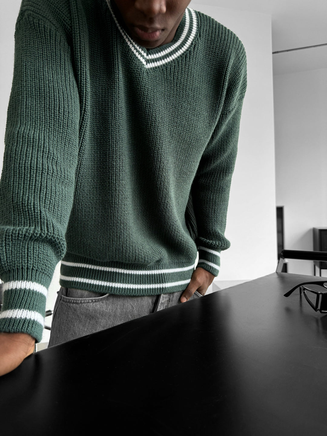 Oversize V Neckline Knit Pullover  - Petrol
