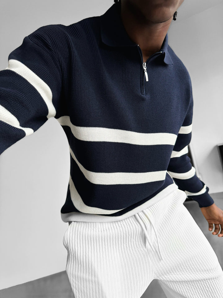 Oversize Knit Crop Polo Sweater - Dark Blue