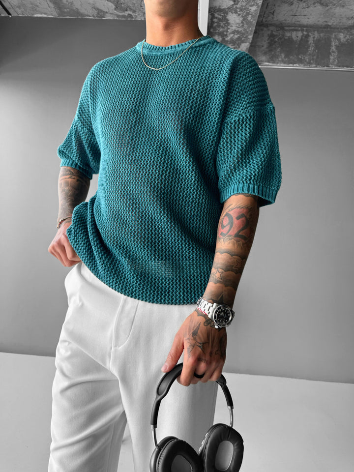 Regular Fit Knit Grid T-shirt - Deep Lagon