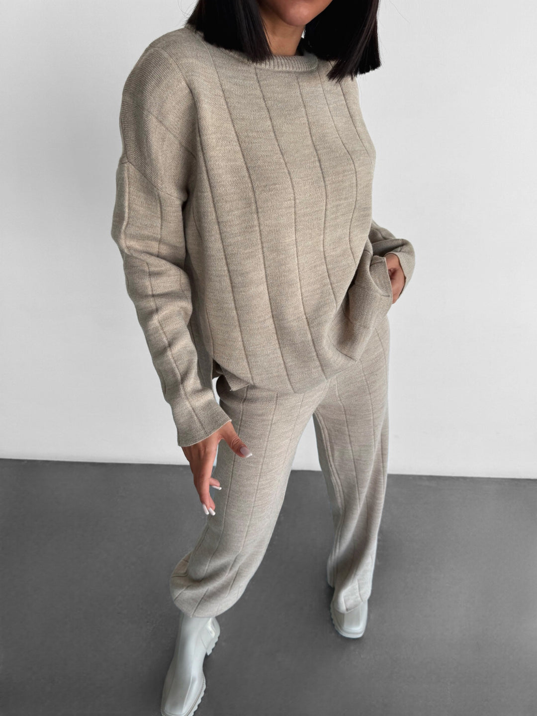 Wide Leg Knit Textured Trousers - Light Grey