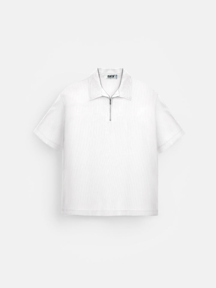 Oversize Textured Zipper Polo T-Shirt - White