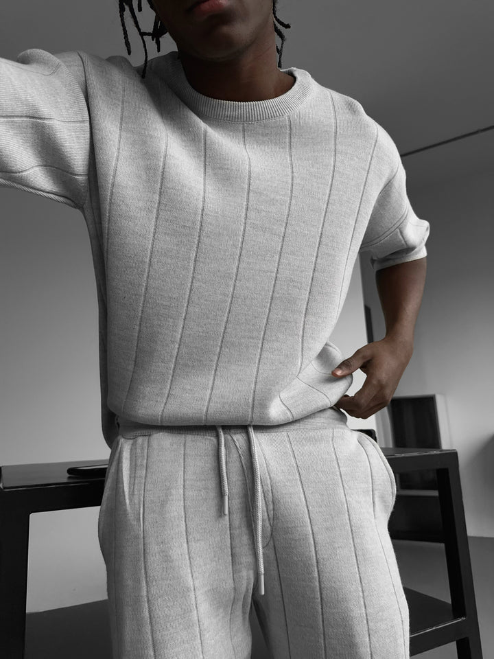 Oversize Line Knit T-Shirt -Light Grey
