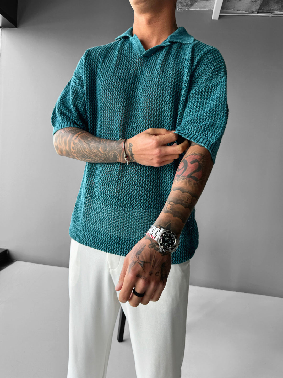 Regular Fit Knit Grid T-shirt - Deep Lagoon