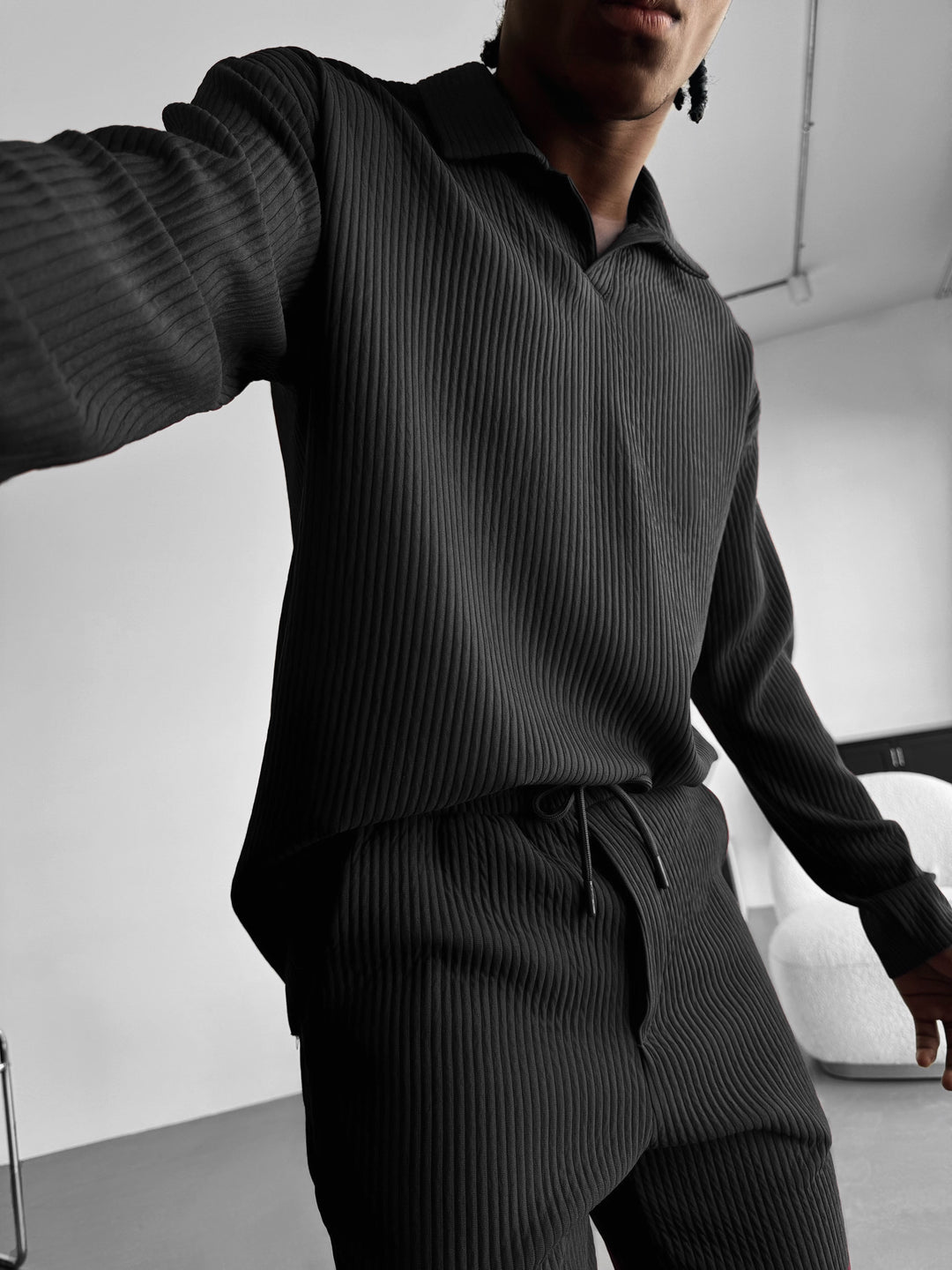 Oversize Ribbed Long Arm Polo T-shirt - Anthracite