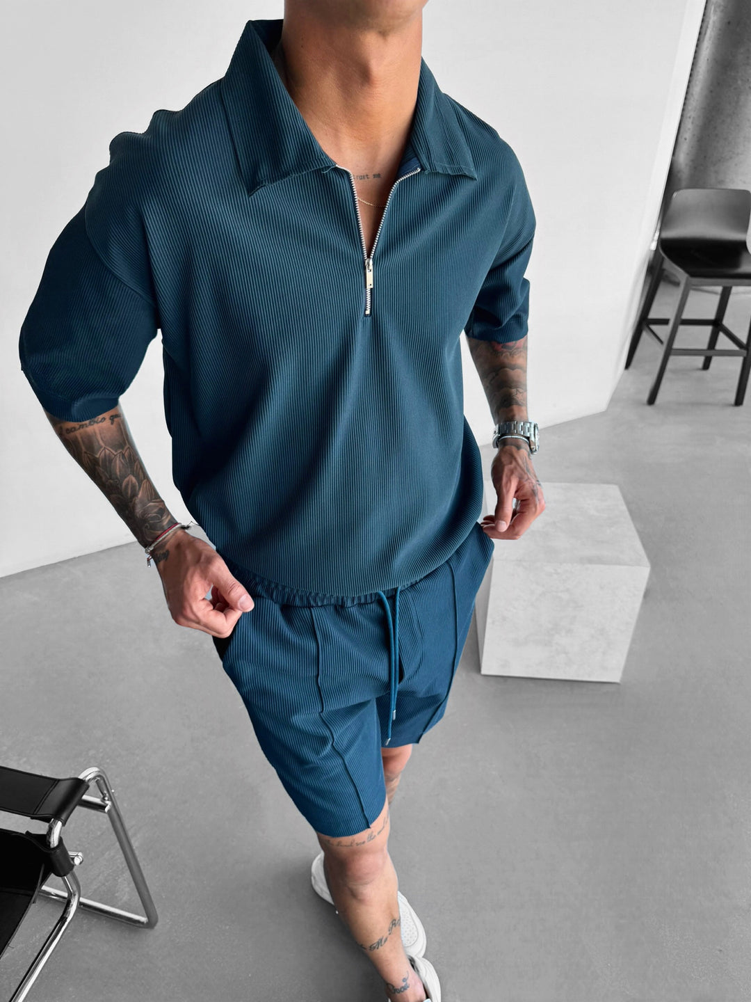 Oversize Textured Zipper Polo T-Shirt - Petrol