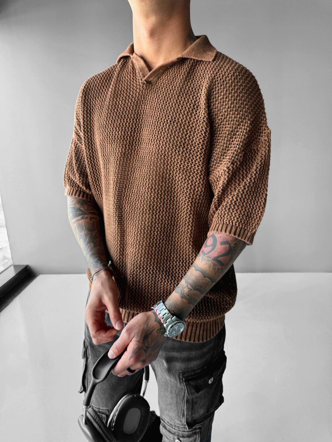 Regular Fit Knit Grid T-shirt - Ochre