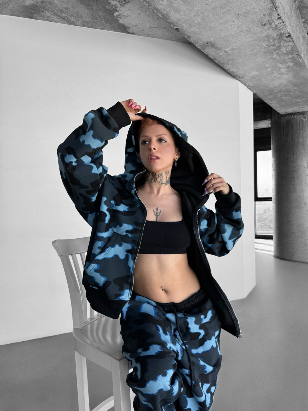 Women Oversize Camouflage Zipper Hoodie - Blue