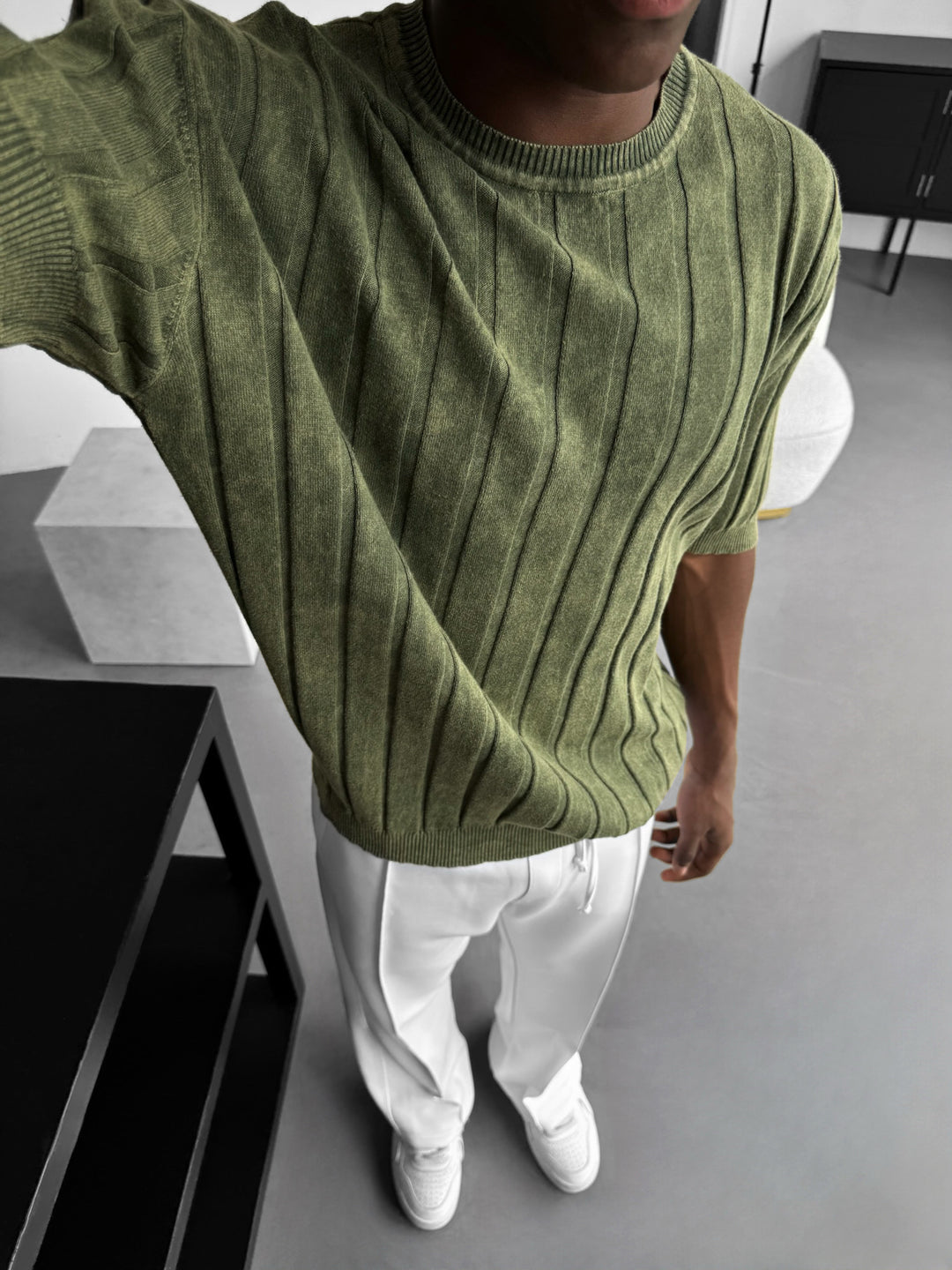 Slim Fit Washed Lines Knit T-Shirt - Khaki