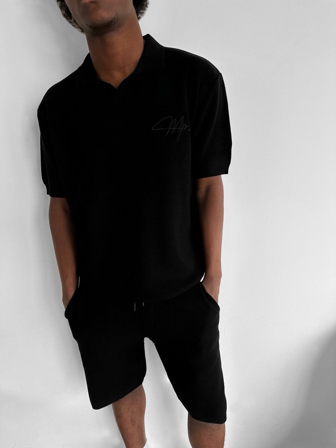 Oversize Initial Knit Polo T-Shirt - Black