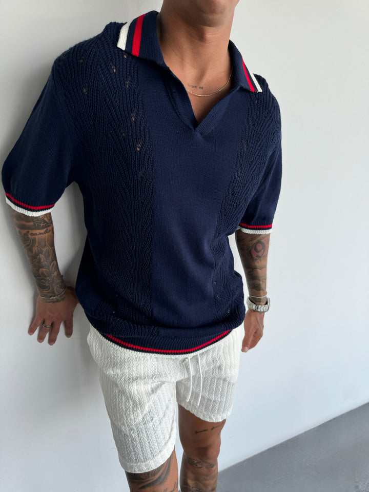 Slim Fit Detail Knit Polo T-Shirt - Indigo