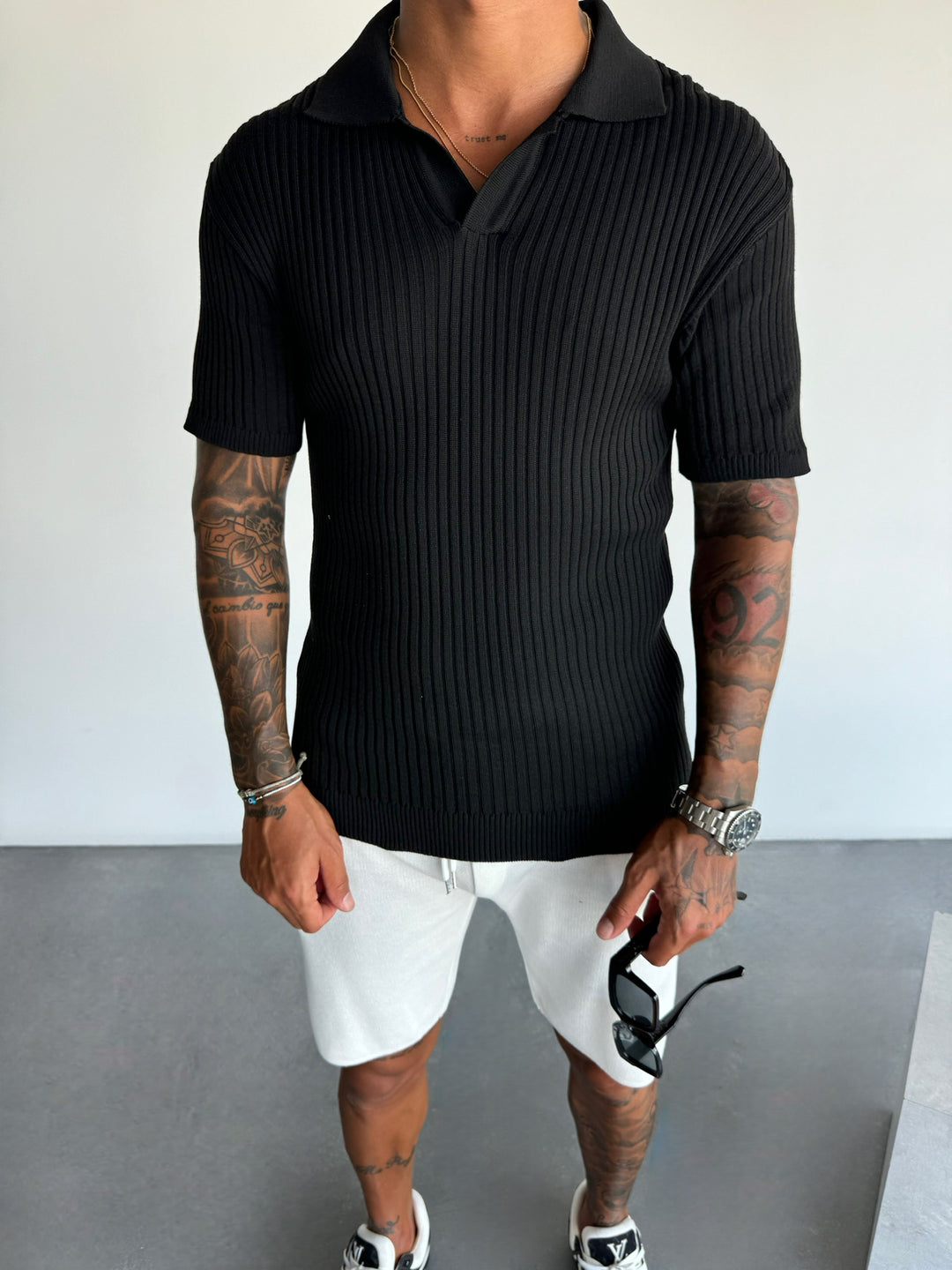 Slim Fit Knit Polo T-Shirt - Black