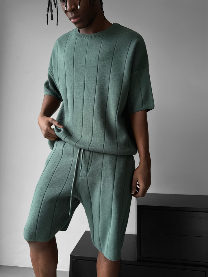Loose Fit Line Knit Shorts - Petrol
