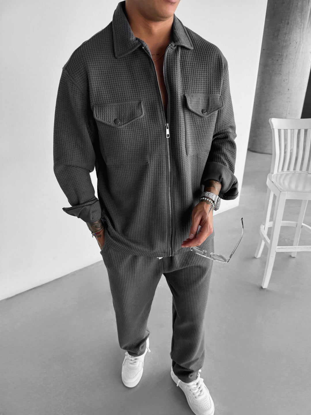 Oversize Waffle Zipper Shirt - Anthracite