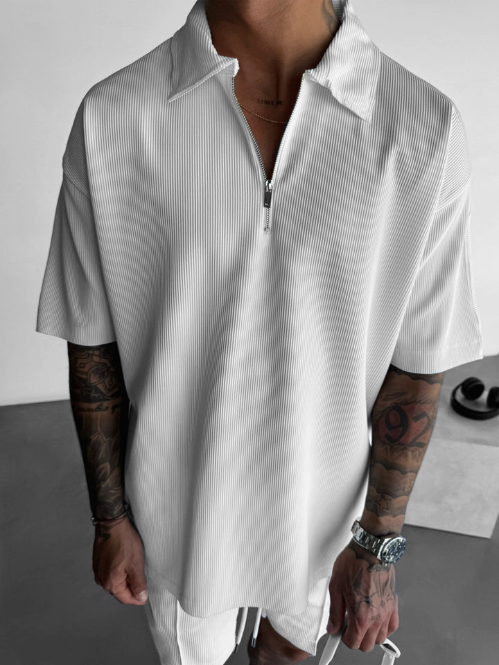 Oversize Textured Zipper Polo T-Shirt - White