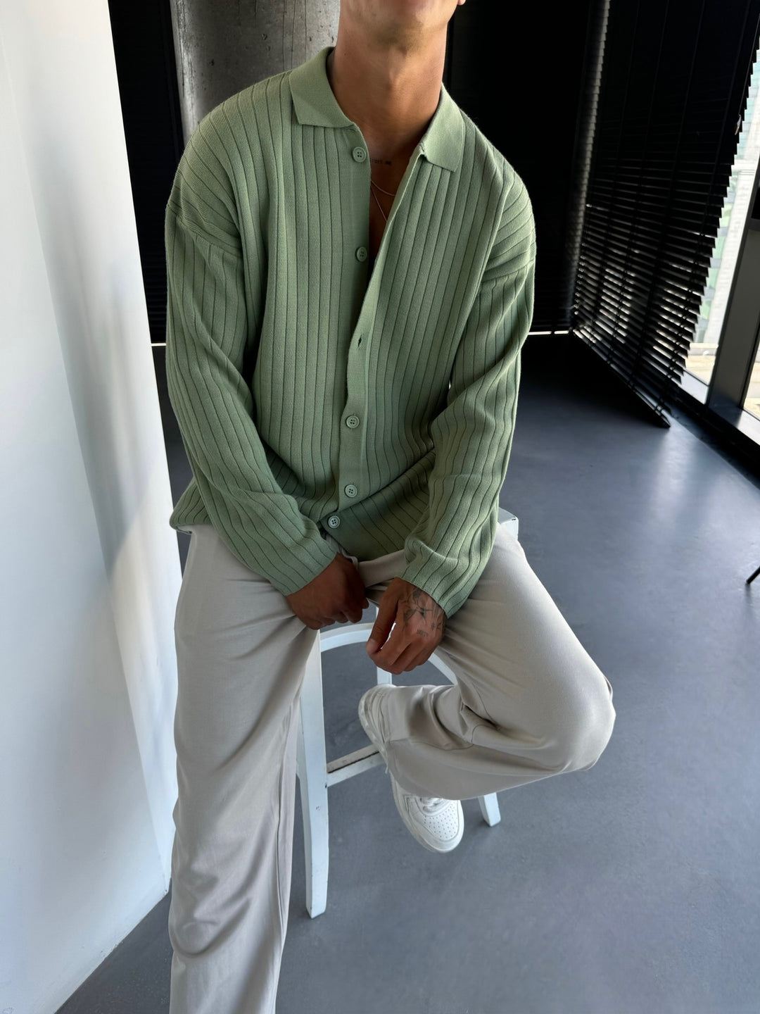 Oversize Wide Ribbed Long Arm Knit Shirt - Grass