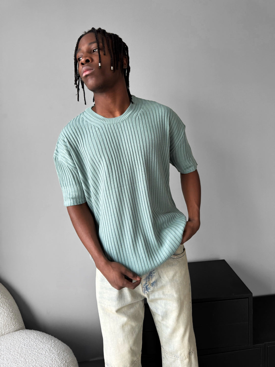 Loose Fit Ribbed Knit T-Shirt - Mint
