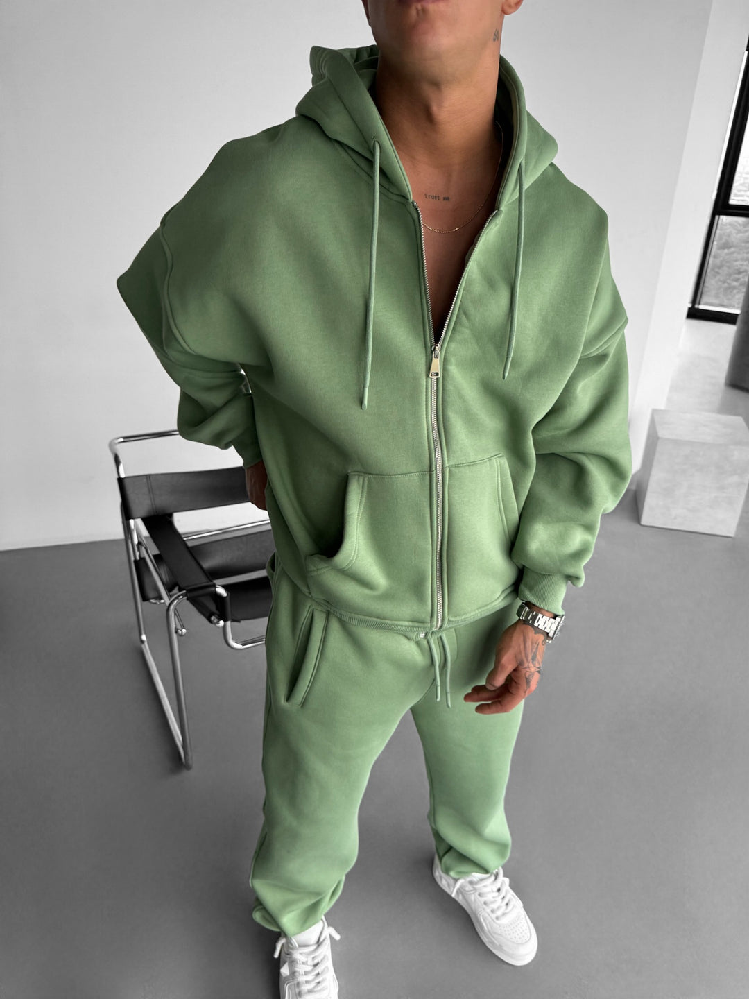Oversize Basic Zipper Hoodie - Moss