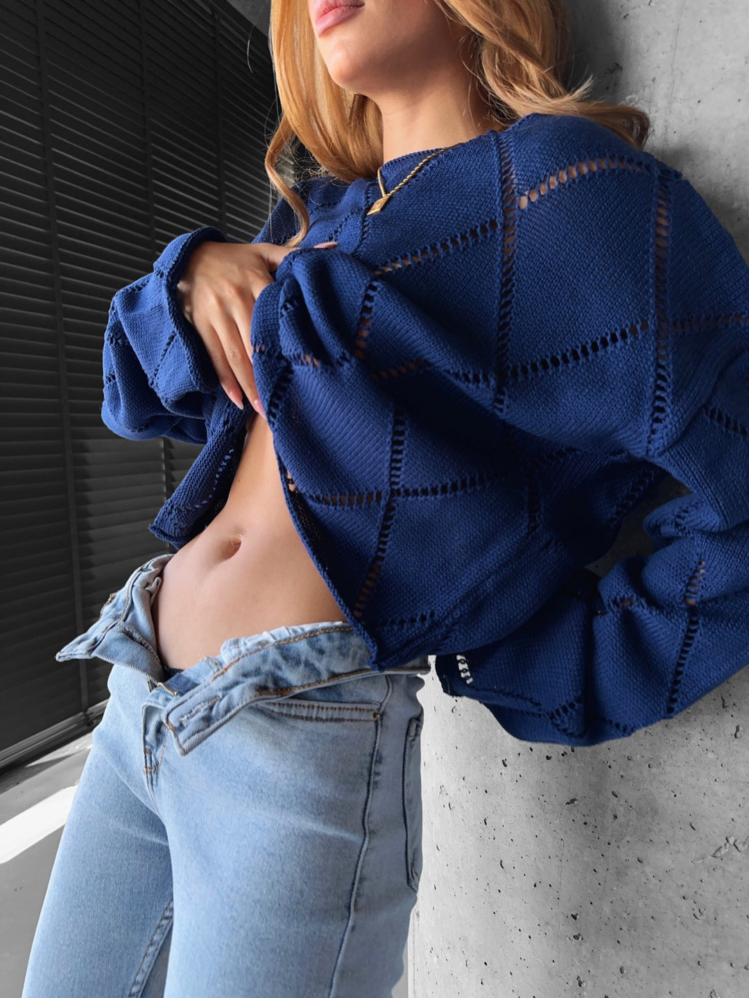 Oversize Textured Knit Sweater - Dark Blue