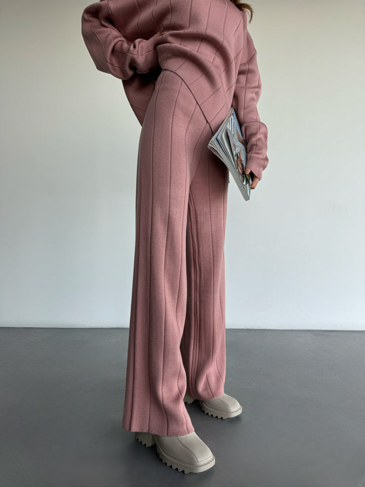 Wide Leg Knit Textured Trousers - Pouder