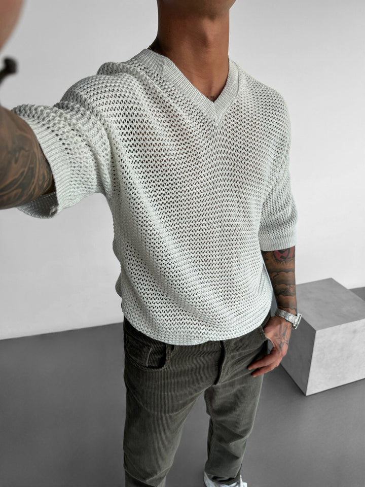 Oversize V Neck Knit T-shirt - Light Grey