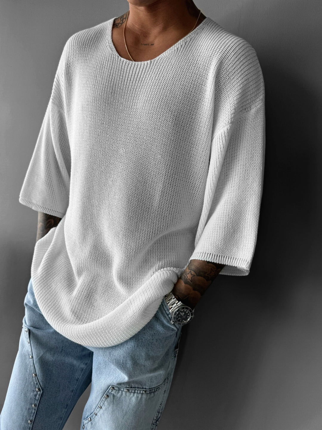 Oversize Long Knit T-Shirt - White