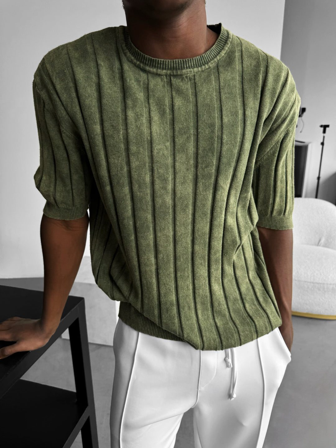 Slim Fit Washed Lines Knit T-Shirt - Khaki