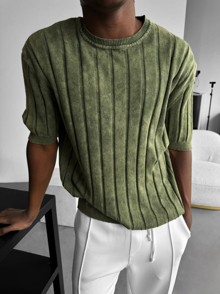 Slim Fit Washed Lines Knit T-Shirt - Khaki