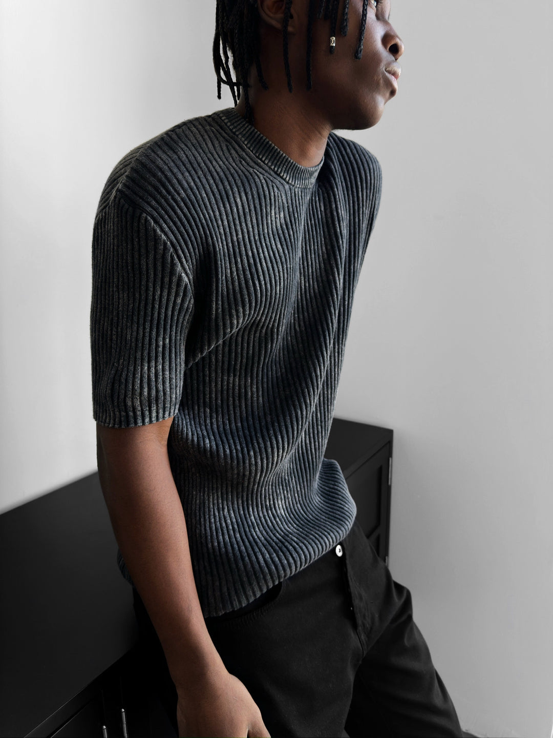 Slim Fit Washed Thin Lines Knit T-Shirt - Anthracite