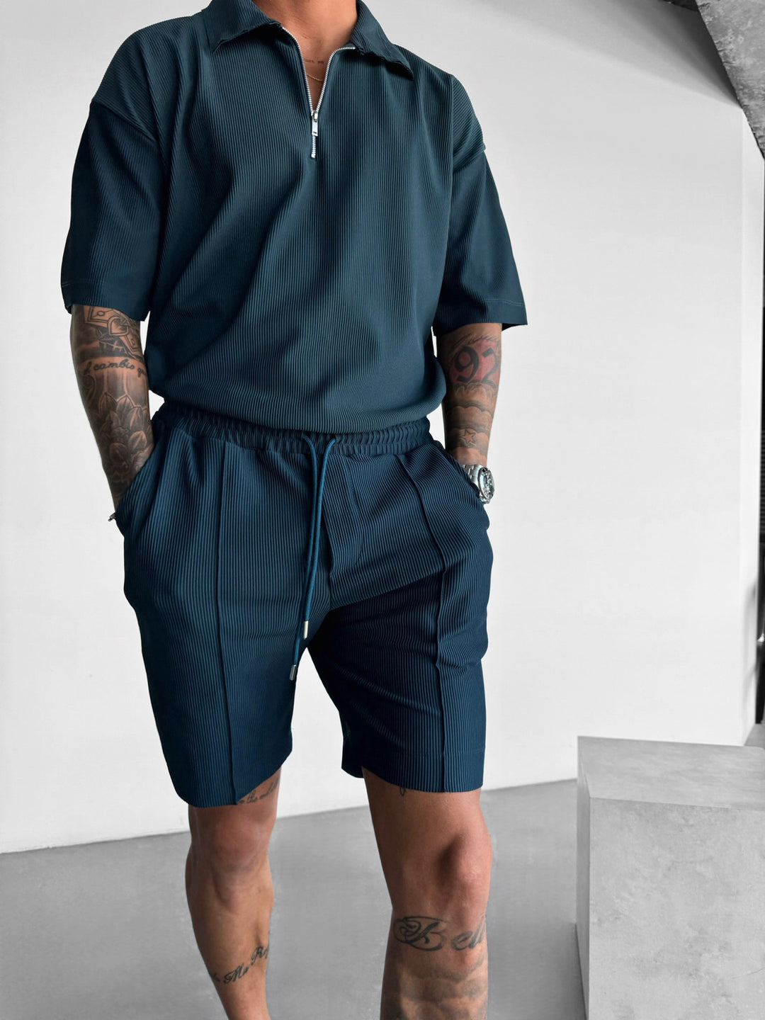 Oversize Textured Zipper Polo T-Shirt - Petrol