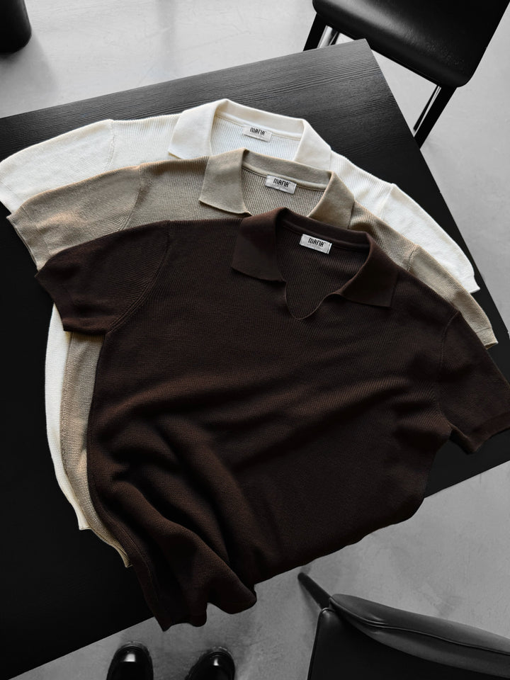 Loose fit fine knit collar T-Shirt - Dark Brown