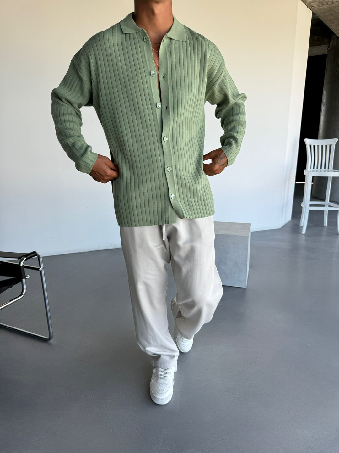 Oversize Wide Ribbed Long Arm Knit Shirt - Grass