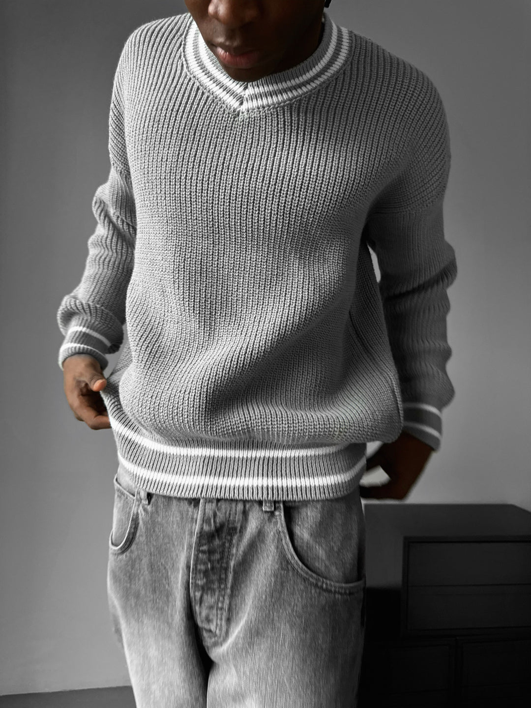 Oversize V Neckline Knit Pullover - Grey