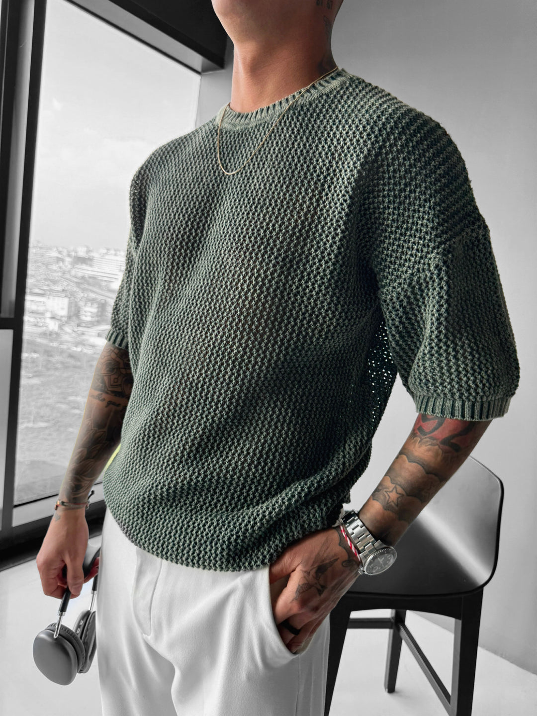 Regular Fit Knit Grid T-shirt - Dark Forest