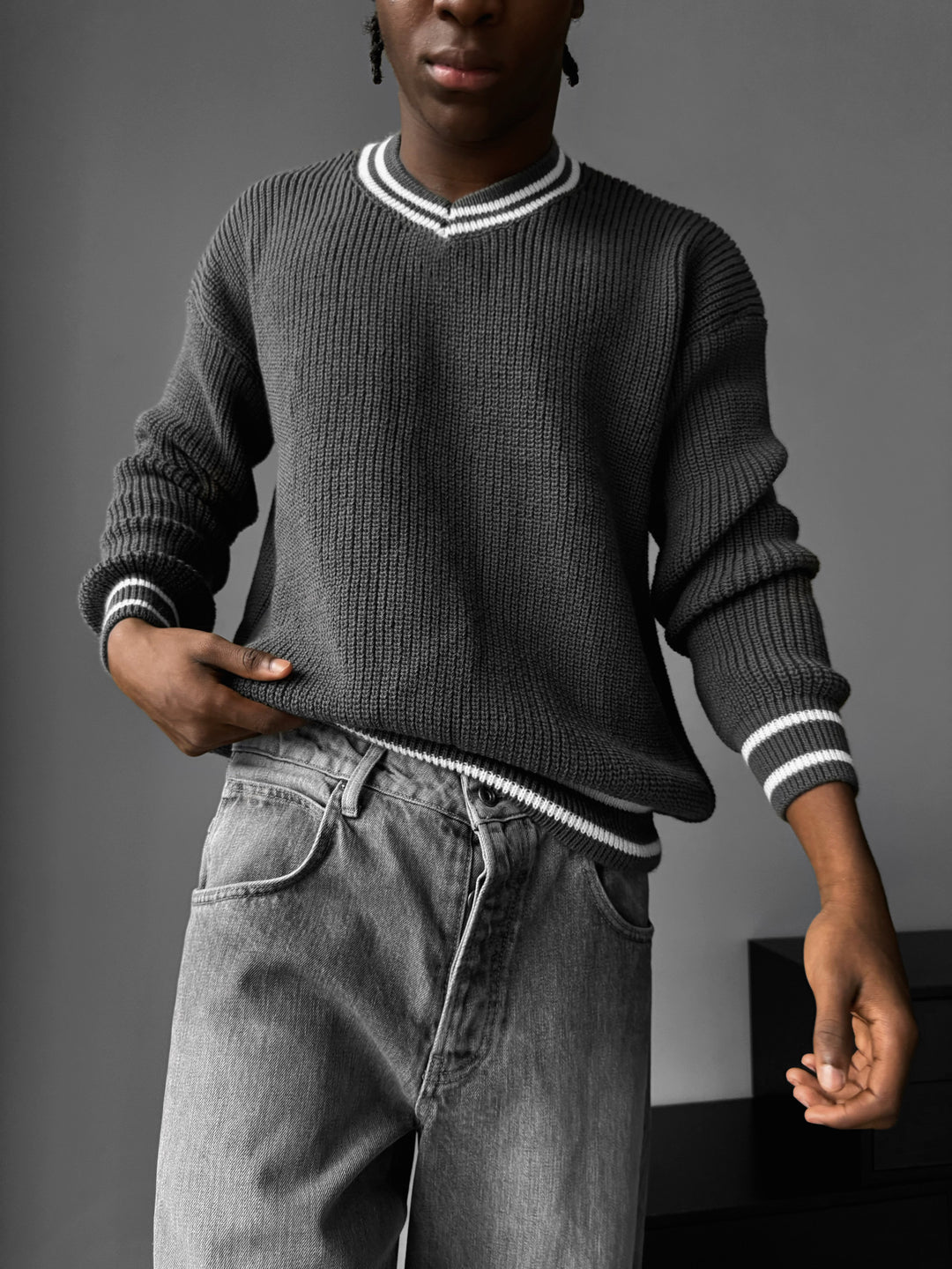 Oversize V Neckline Knit Pullover - Anthracite