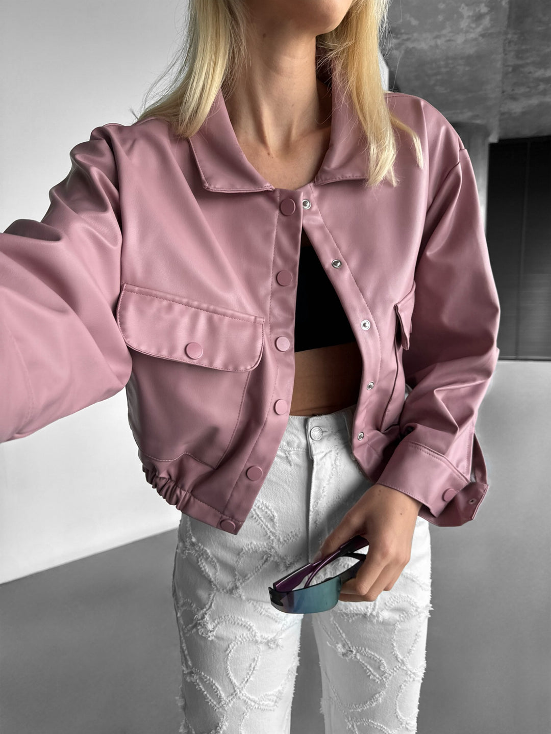Short Leather Optik Jacket - Sea Pink