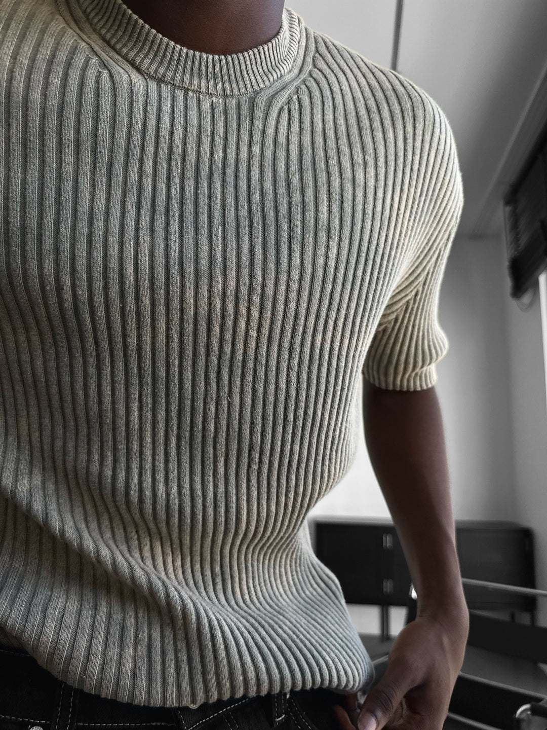 Slim Fit Washed Thin Lines Knit T-Shirt - Stone