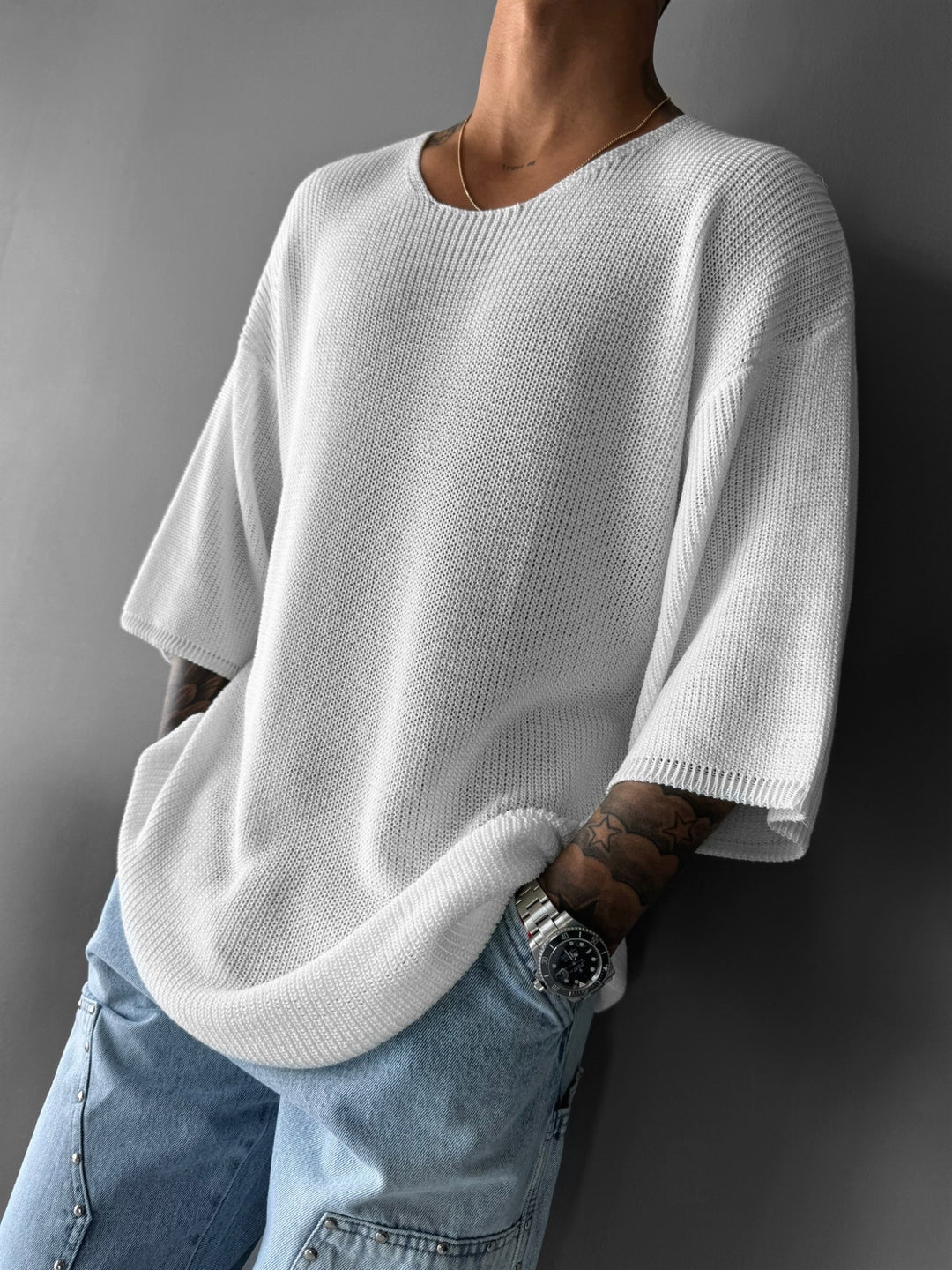 Oversize Long Knit T-Shirt - White