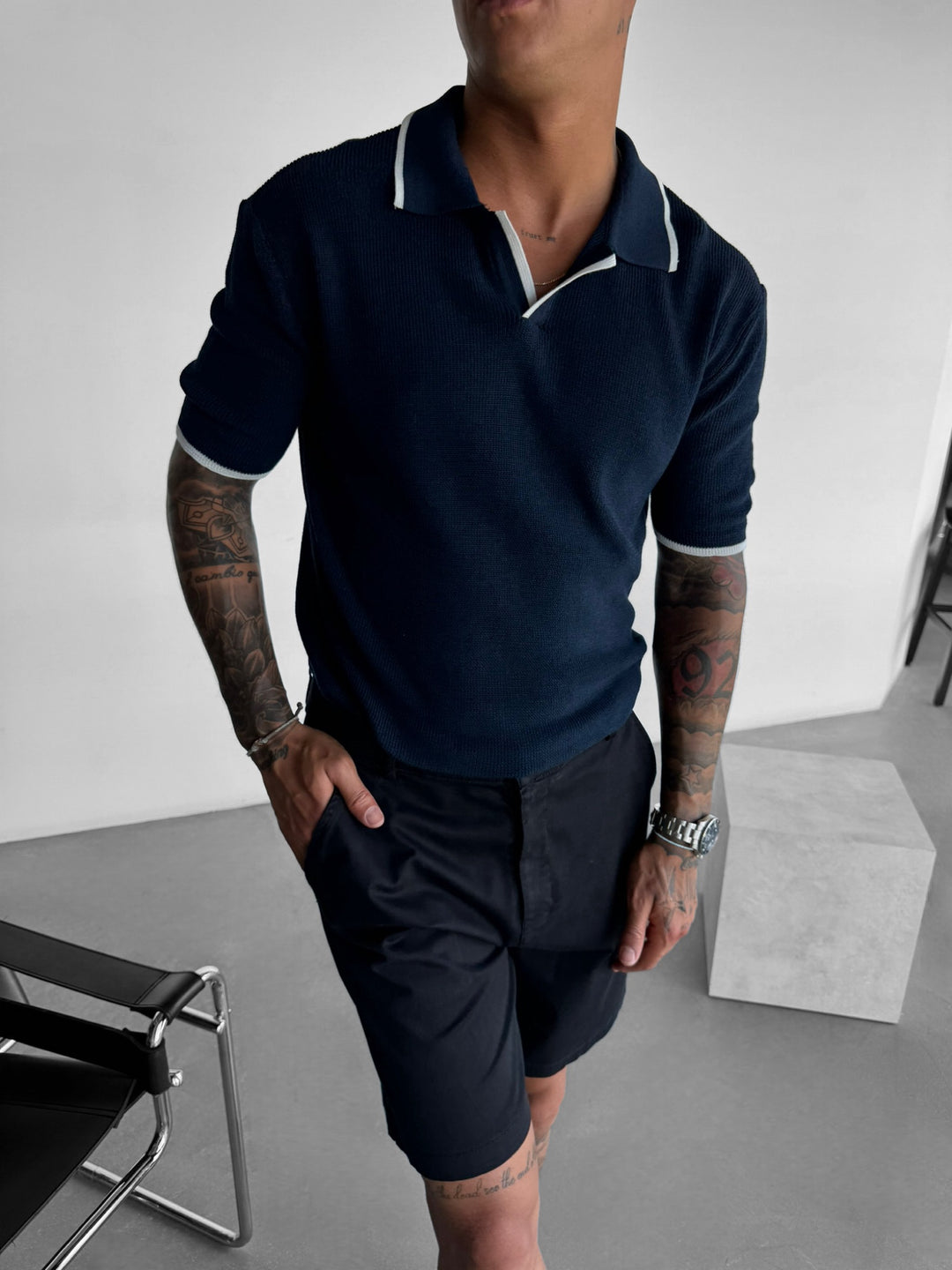 Regular Fit Knit Line Polo T-Shirt - Navy Blue