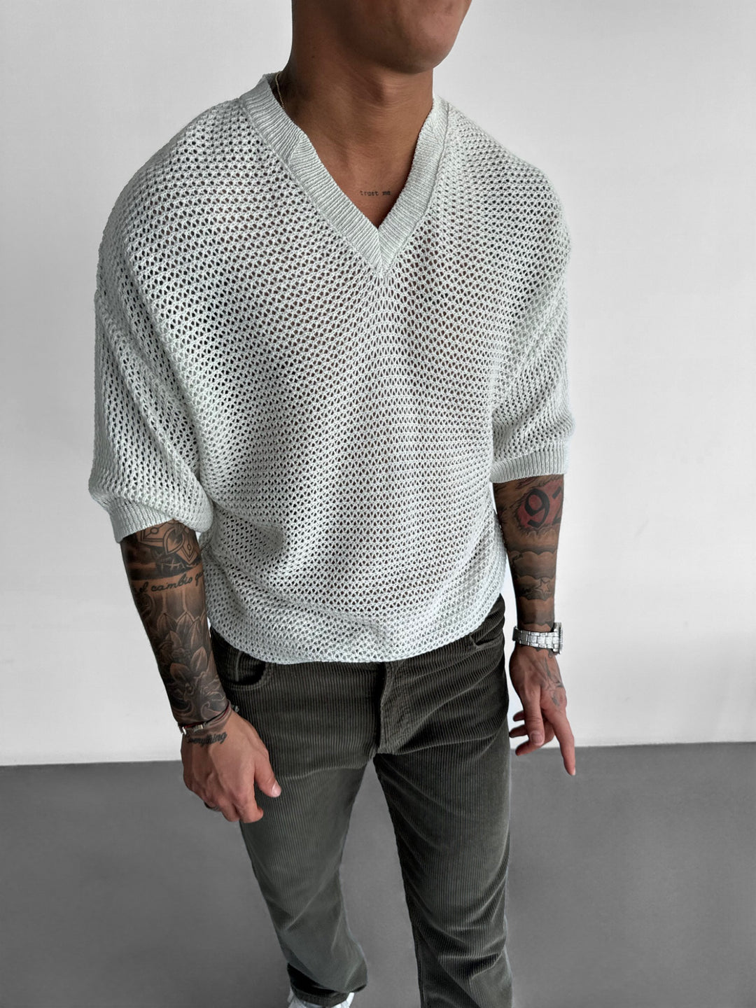 Oversize V Neck Knit T-shirt - Light Grey