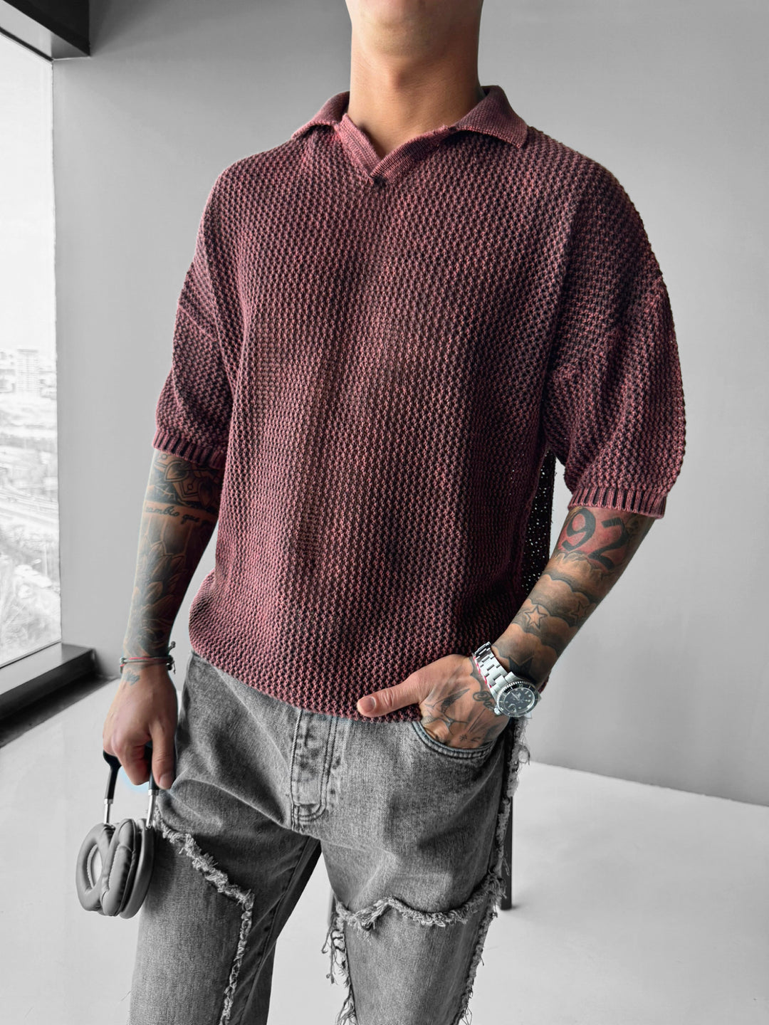 Regular Fit Knit Grid T-shirt - Plum Perfect