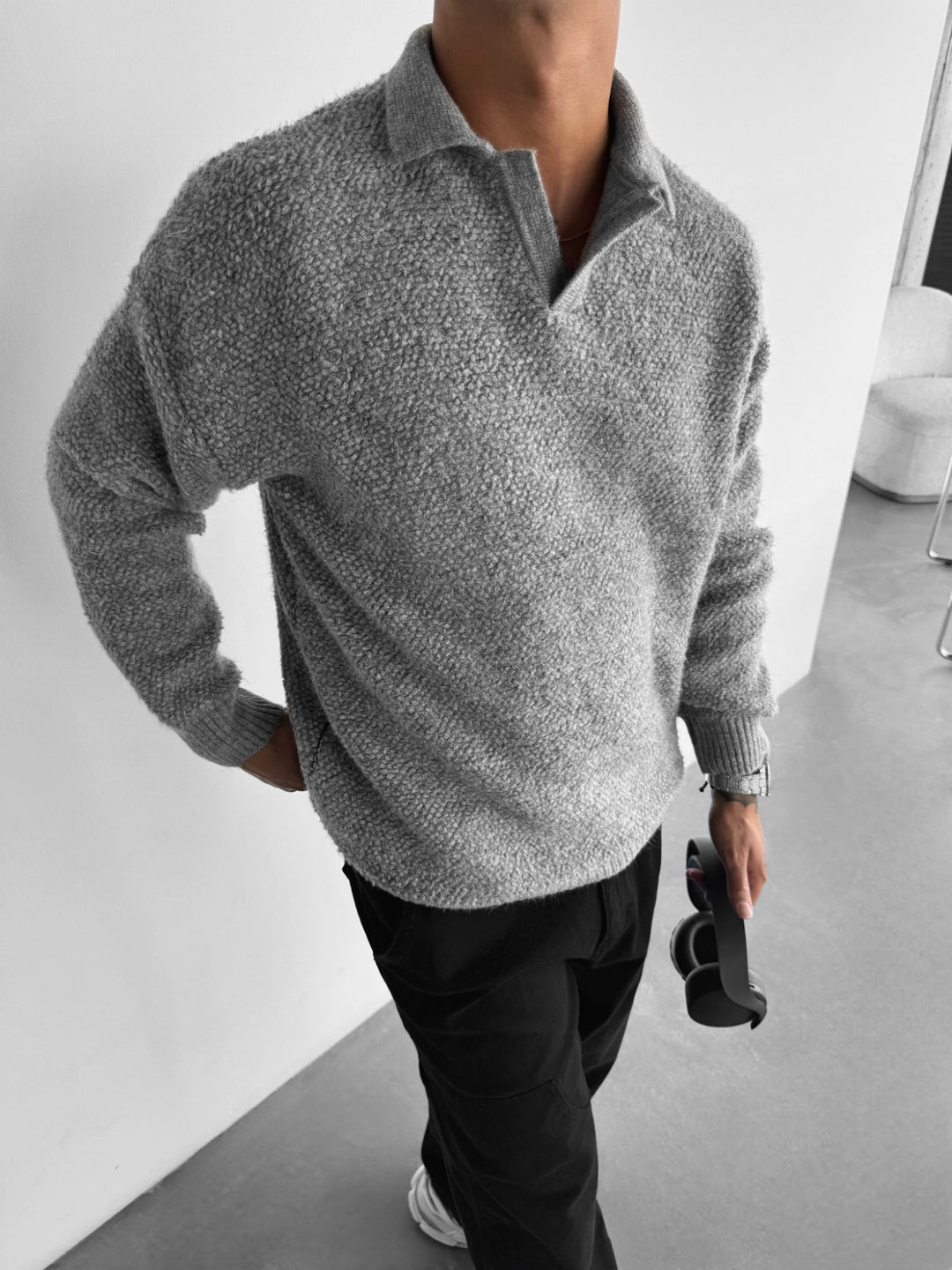 Oversize Collar Brushed Knit Sweater - Grey