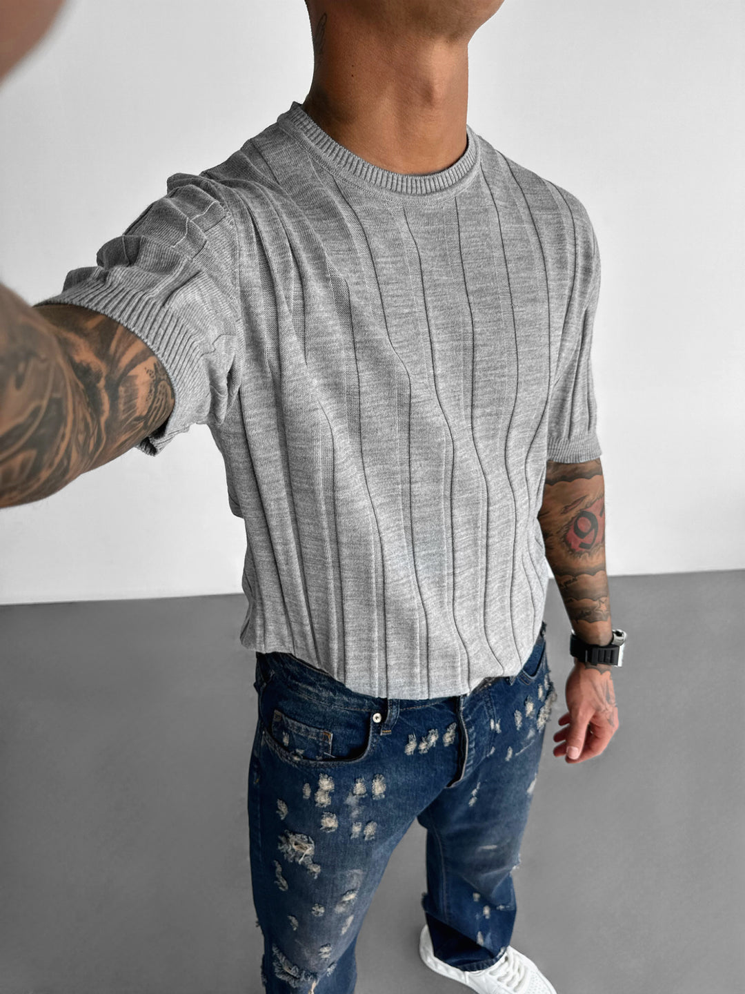Regular Fit Knit Lines T-shirt - Grey