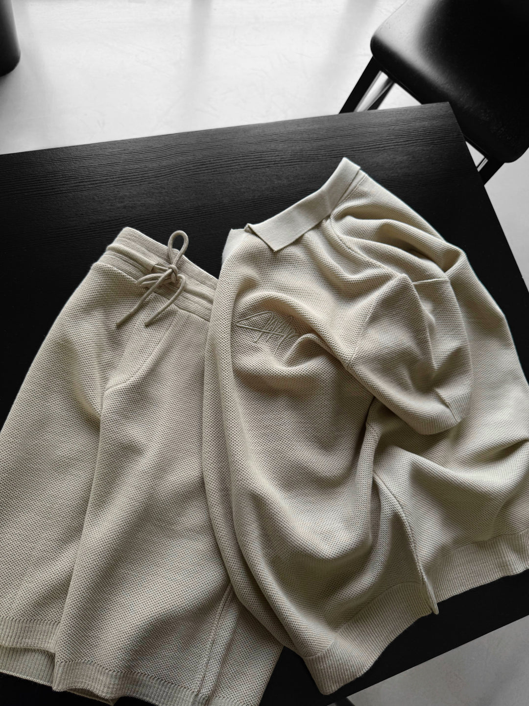 Oversize Initial Knit Polo T-Shirt - Stone
