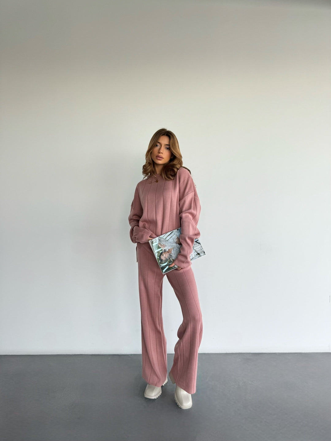 Wide Leg Knit Textured Trousers - Pouder