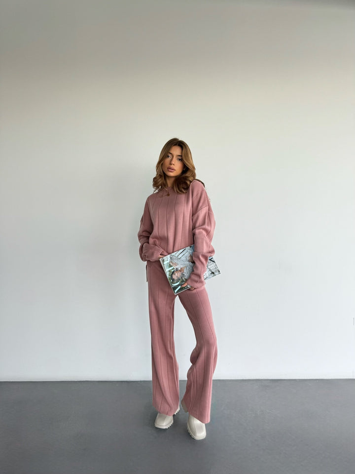 Wide Leg Knit Textured Trousers - Pouder